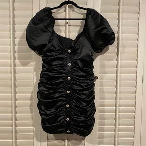 Ruched Puff Sleeve Satin Dress